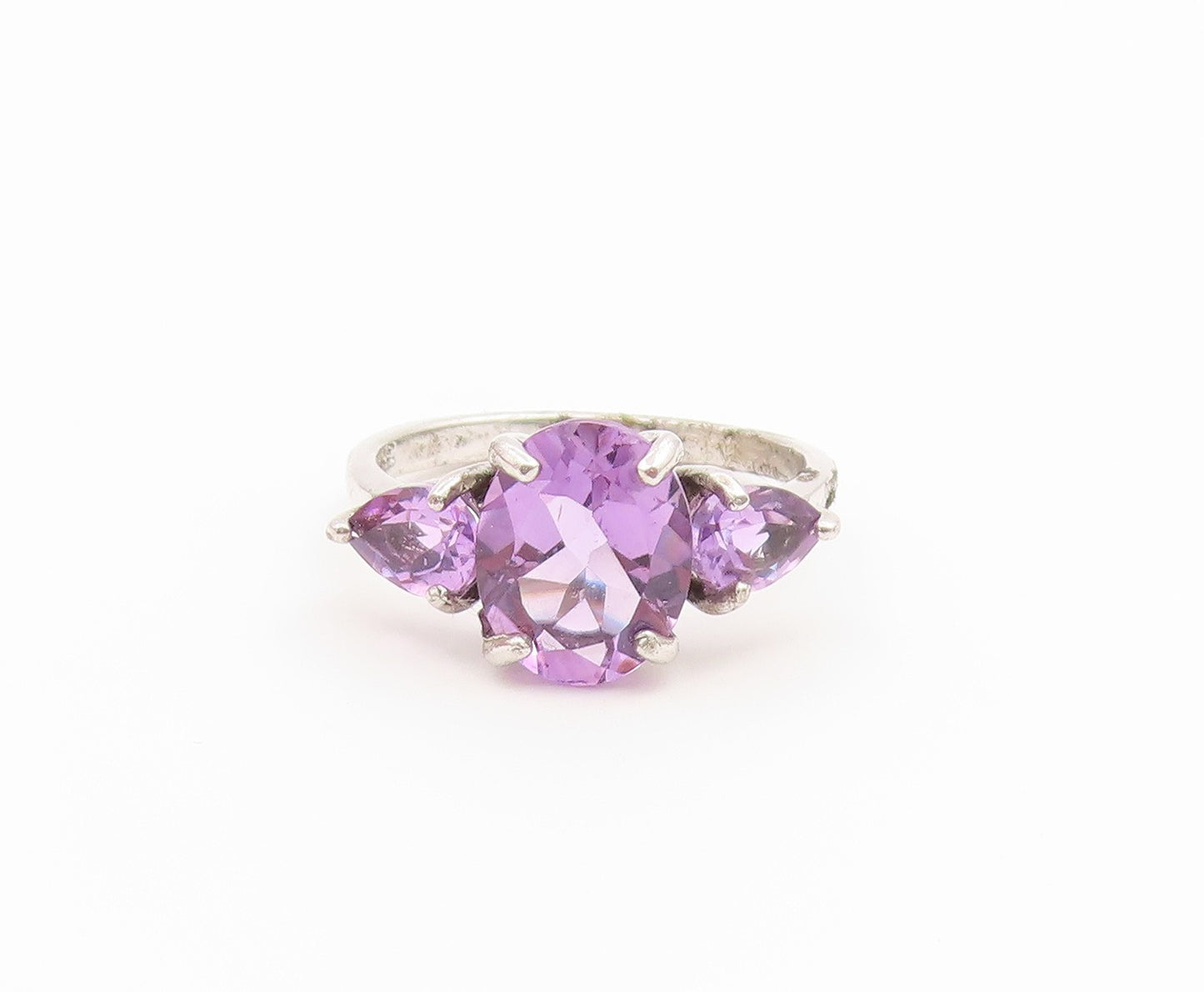 925 Sterling Silver Vintage Ring Elegant Three Stone Amethyst Band Sz 7 RG36815