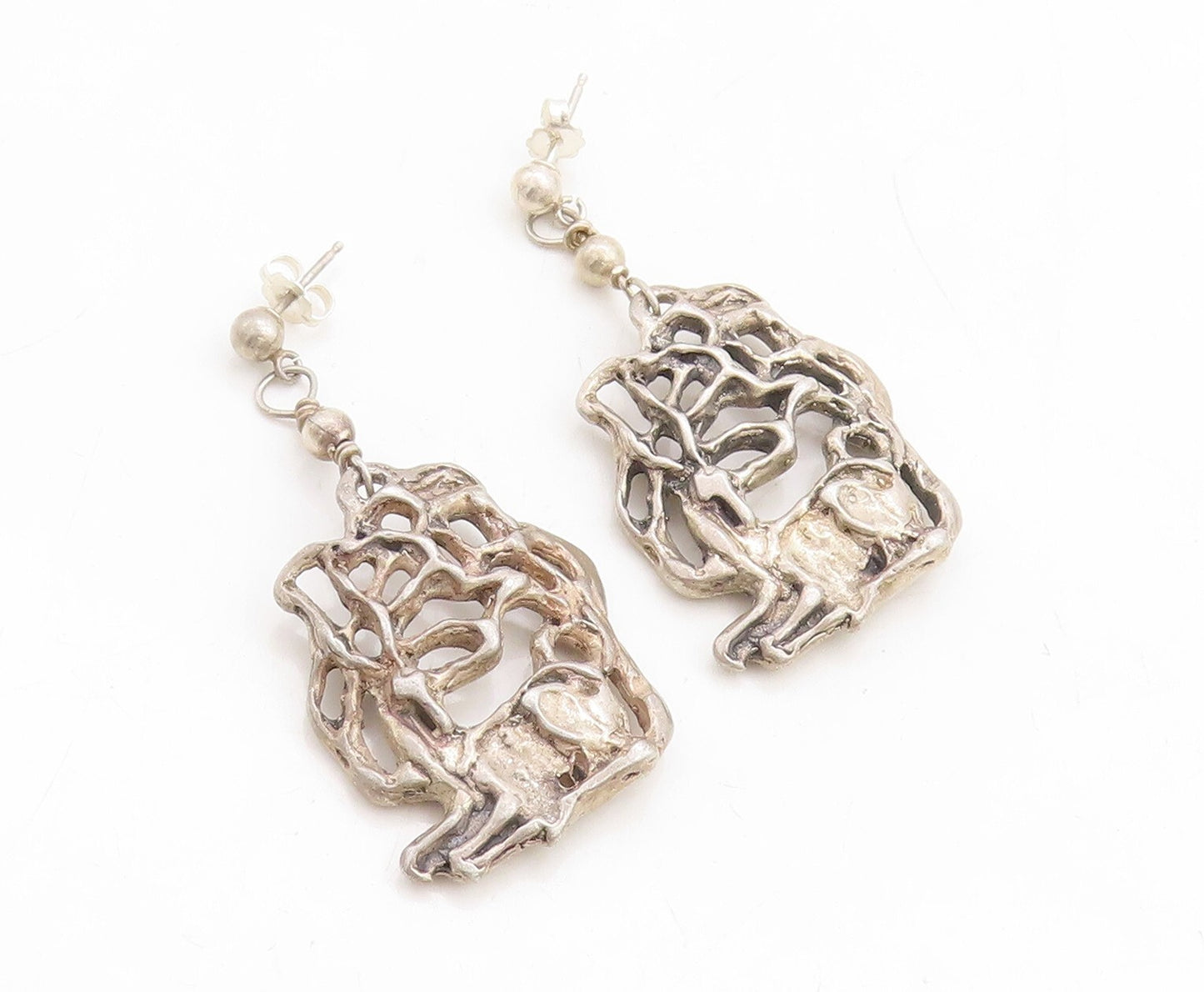 925 Sterling Silver Vintage Earrings Dark Tone Brutalist Deer Carved  EG13313