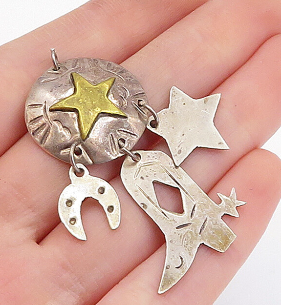 MEXICO 925 Sterling Silver  Vintage Two Tone Star Cowboy Boot Pendant  PT2723