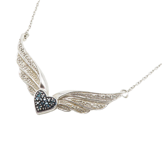 925 Sterling Silver  Genuine Blue & White Diamonds Heart Chain Necklace NE2523