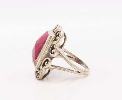925 Sterling Silver Vintage Ring Red Gemstone Swirly Carved Frame Sz 8  RG30280