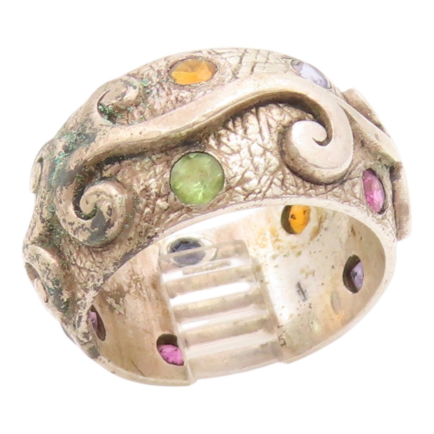 925 Sterling Silver Vintage Ring Multi Gemstone Swirly Scroll Band Sz 7 RG35728