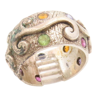 925 Sterling Silver Vintage Ring Multi Gemstone Swirly Scroll Band Sz 7 RG35728