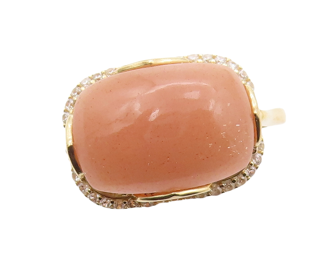 925 Sterling Silver Vintage Ring Gold Plated Cabochon Gemstone & CZ Sz 7 RG30802