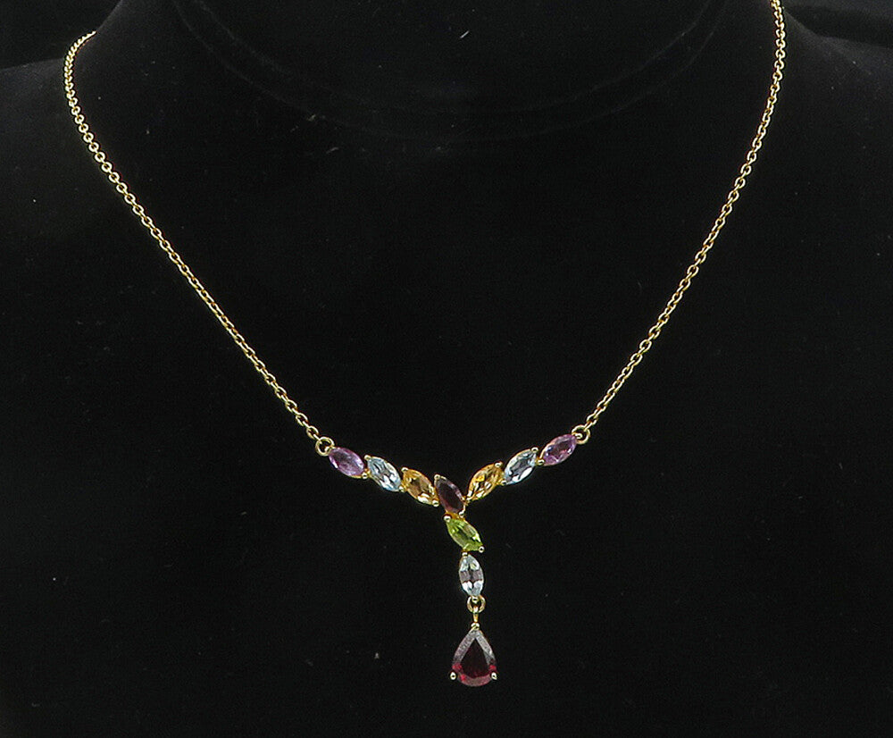 925 Sterling Silver Garnet & Multi Stone Gold Plated Chain Necklace NE1957