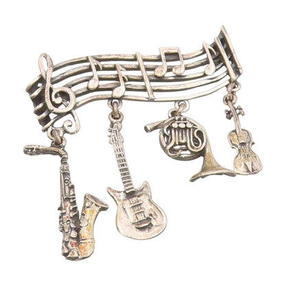 925 Sterling Silver Vintage Brooch Musical Notes & Instrument Charm Pin  BP12058