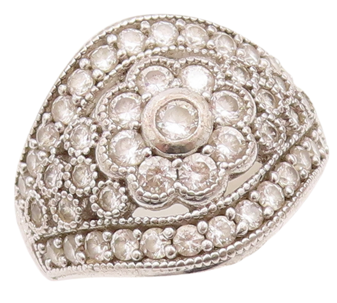 925 Sterling Silver Vintage Ring Round Topaz Beaded Floral Design  Sz 7  RG29073