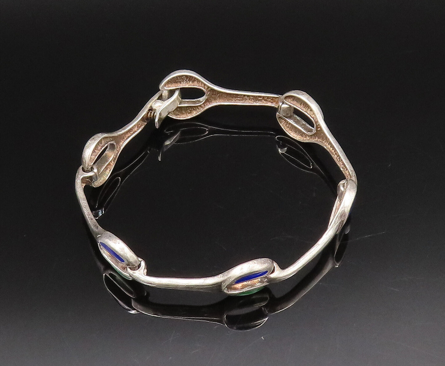 925 Sterling Silver  Vintage Green & Blue Enamel Wrench Link Bracelet  BT9708
