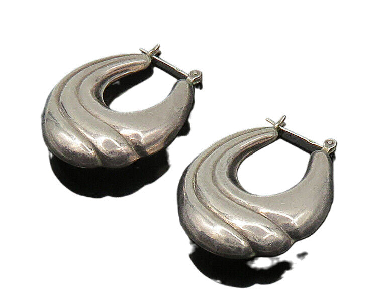 925 Sterling Silver  Vintage Hollow Fluted UShape Hoop Earrings  EG10128