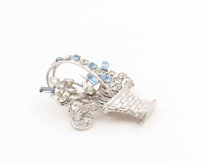 925 Sterling Silver Vintage Brooch CARL ART Rhinestone Flower Basket Pin BP12121
