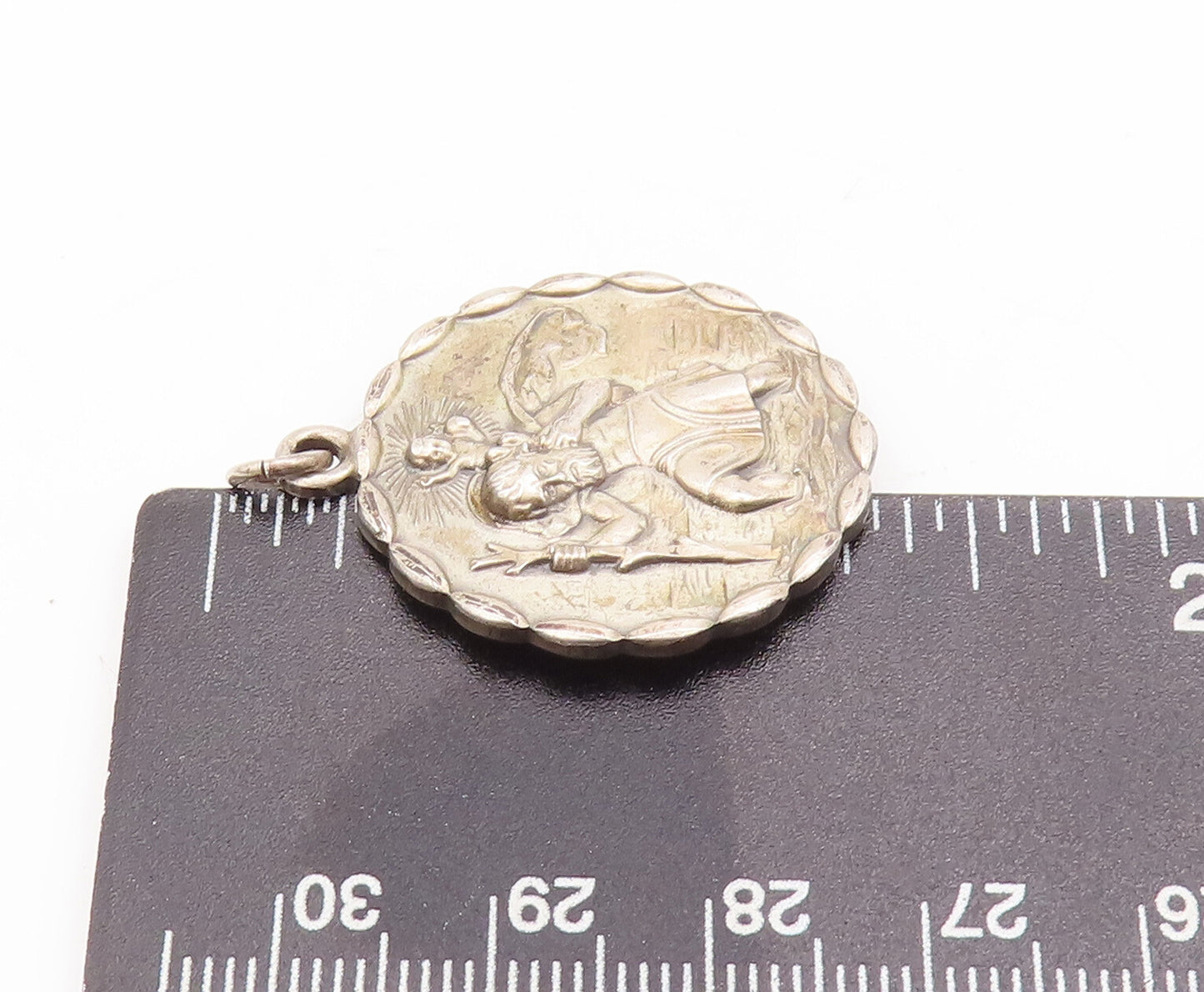 925 Sterling Silver Vintage Pendant Solid Religious Carved Bordered Coin PT23122