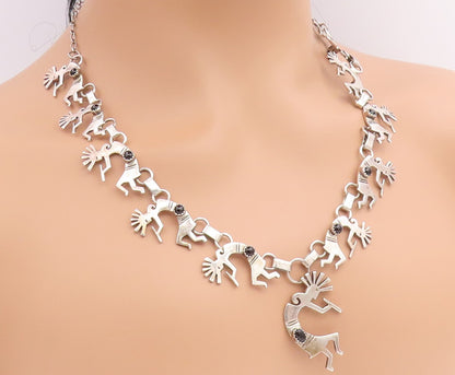 925 Sterling Silver Vintage Necklace SOUTHWESTERN Onyx Flute Player Link  NE4913