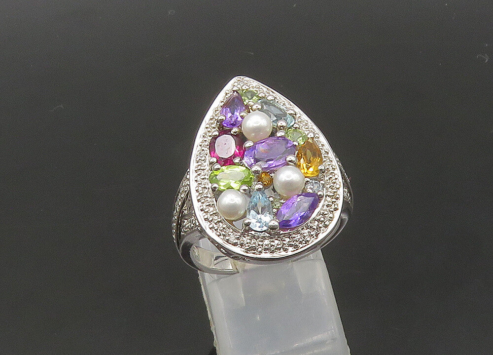925 Silver Vintage Pearls & Peridot Multi Stone Cocktail Ring Sz 8 RG20942