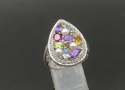 925 Silver Vintage Pearls & Peridot Multi Stone Cocktail Ring Sz 8 RG20942