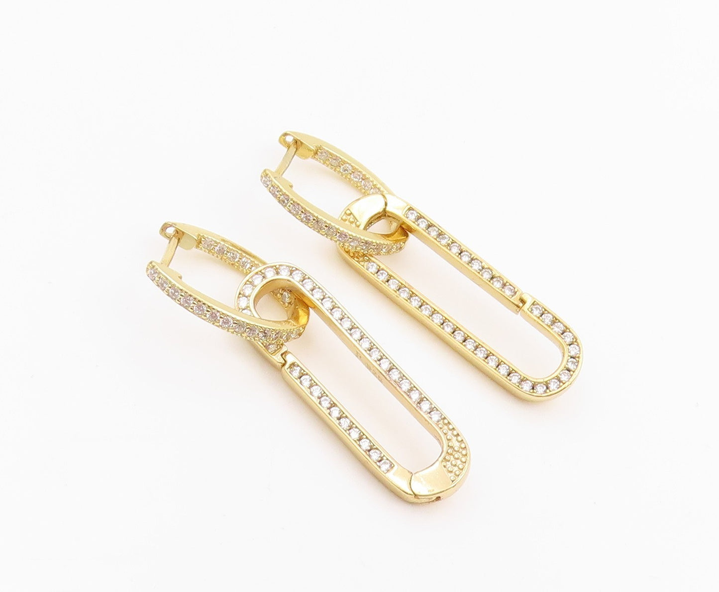 925 Sterling Silver Vintage Earrings Gold Plated CZ Paperclip Dangle  EG14237