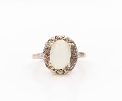 925 Sterling Silver Vintage Ring Gemstone Swirly Heart Carved  Sz 7  RG31897