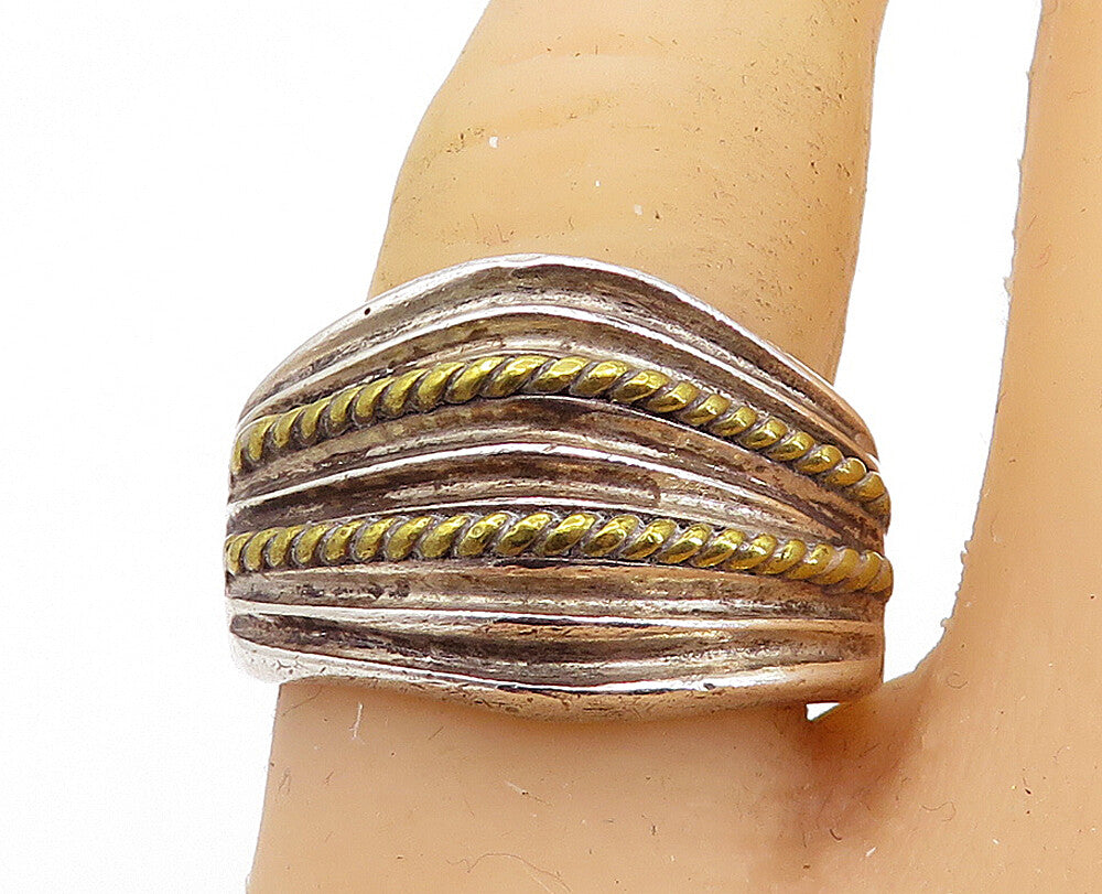 MEXICO 925 Silver  Vintage Two Tone Rope Twist Dome Band Ring Sz 8.5  RG6952