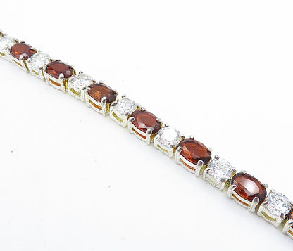 925 Sterling Silver  Cubic Zirconia & Red Topaz Shiny Tennis Bracelet  BT2164