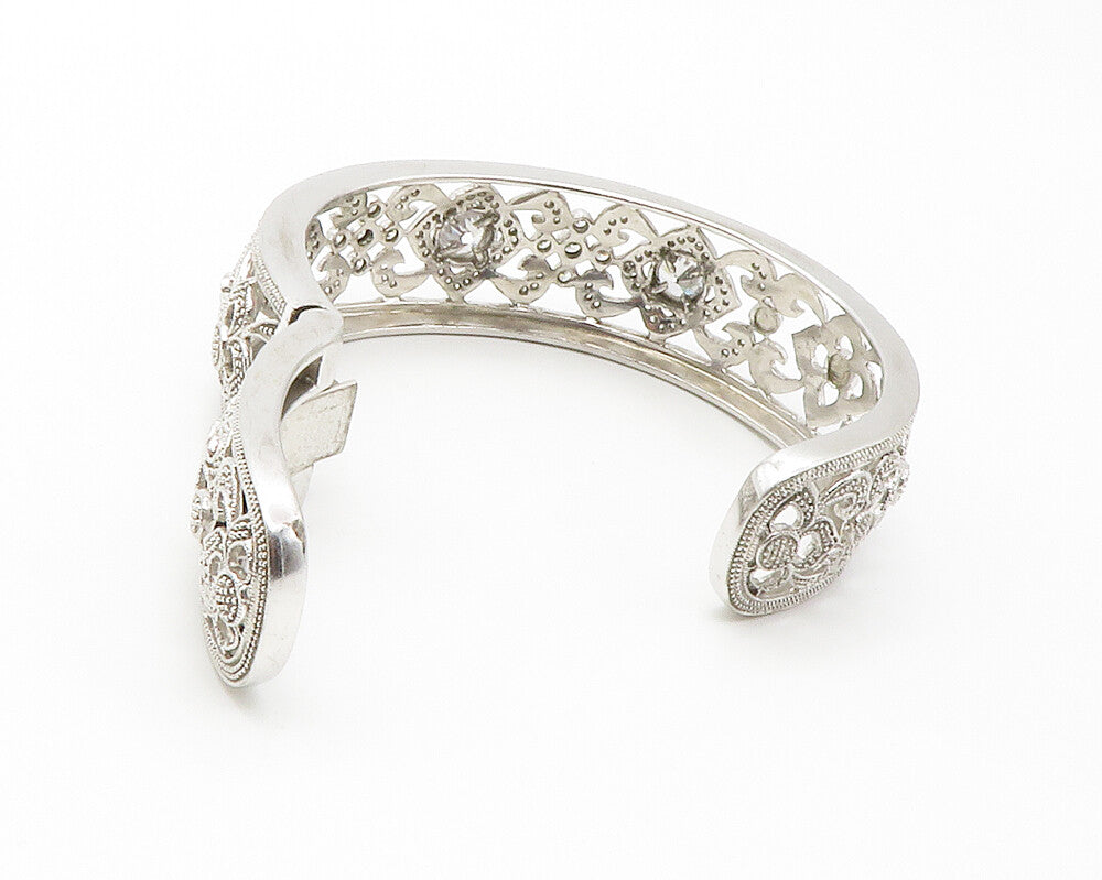 925 Sterling Silver  Shiny Cubic Zirconia Open Floral Cuff Bracelet  BT5743