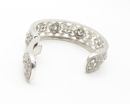 925 Sterling Silver  Shiny Cubic Zirconia Open Floral Cuff Bracelet  BT5743