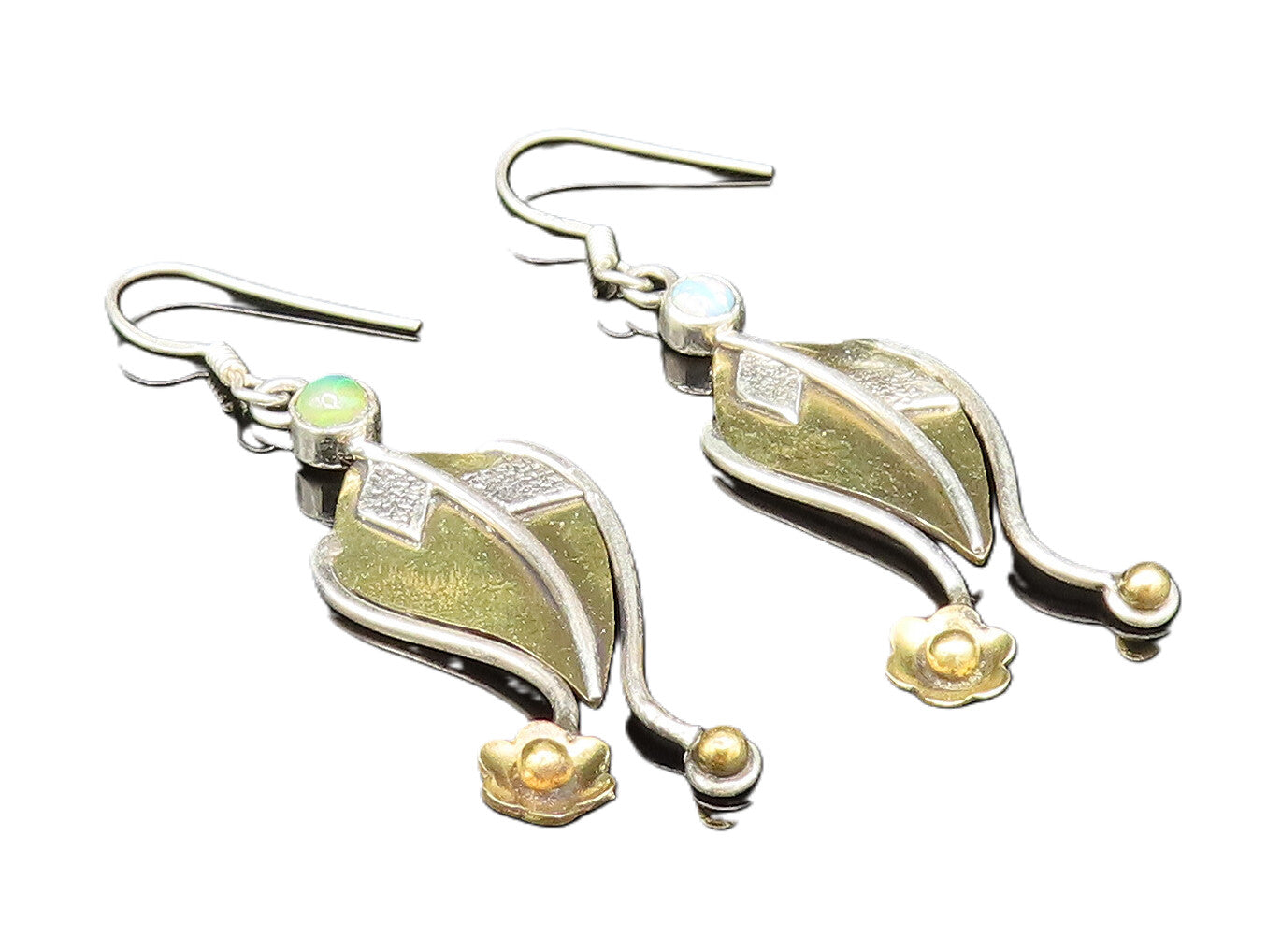 925 Silver  Vintage Two Tone Floral Leaf Stem Fire Opal Earrings  EG11746