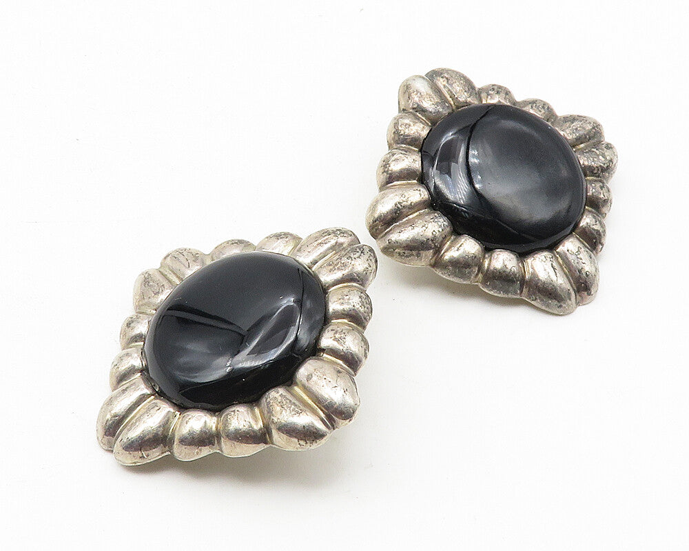 MEXICO 925 Sterling Silver Vintage Black Onyx Wavy Non Pierce Earrings  EG5738
