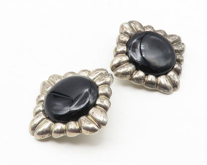 MEXICO 925 Sterling Silver Vintage Black Onyx Wavy Non Pierce Earrings  EG5738