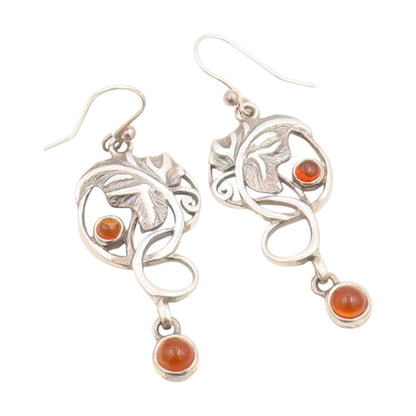 925 Sterling Silver Vintage Earrings Cabochon Amber Floral Leaf Motif  EG14076
