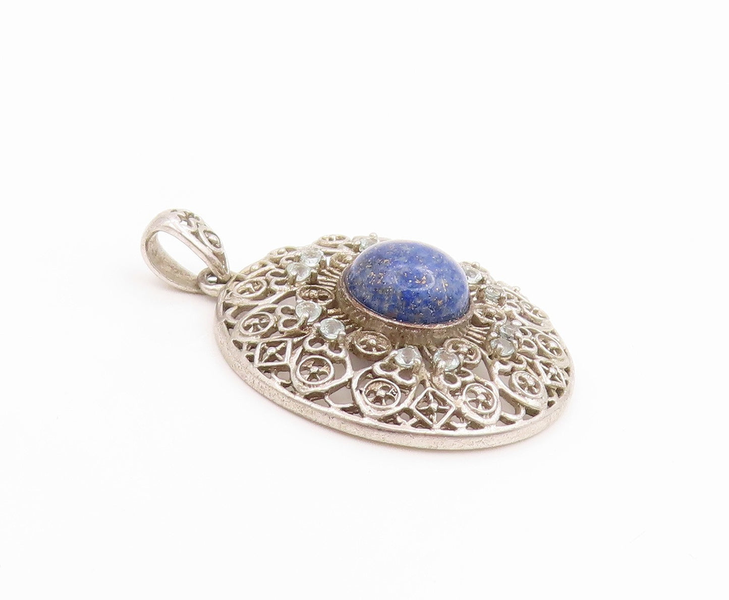 925 Sterling Silver Vintage Pendant Lapis Lazuli Intricate Openwork  PT26110