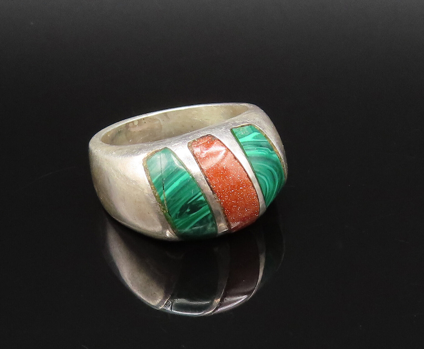 MEXICO 925 Silver  Vintage Malachite & Drusy Quartz Dome Ring Sz 7.5  RG25869