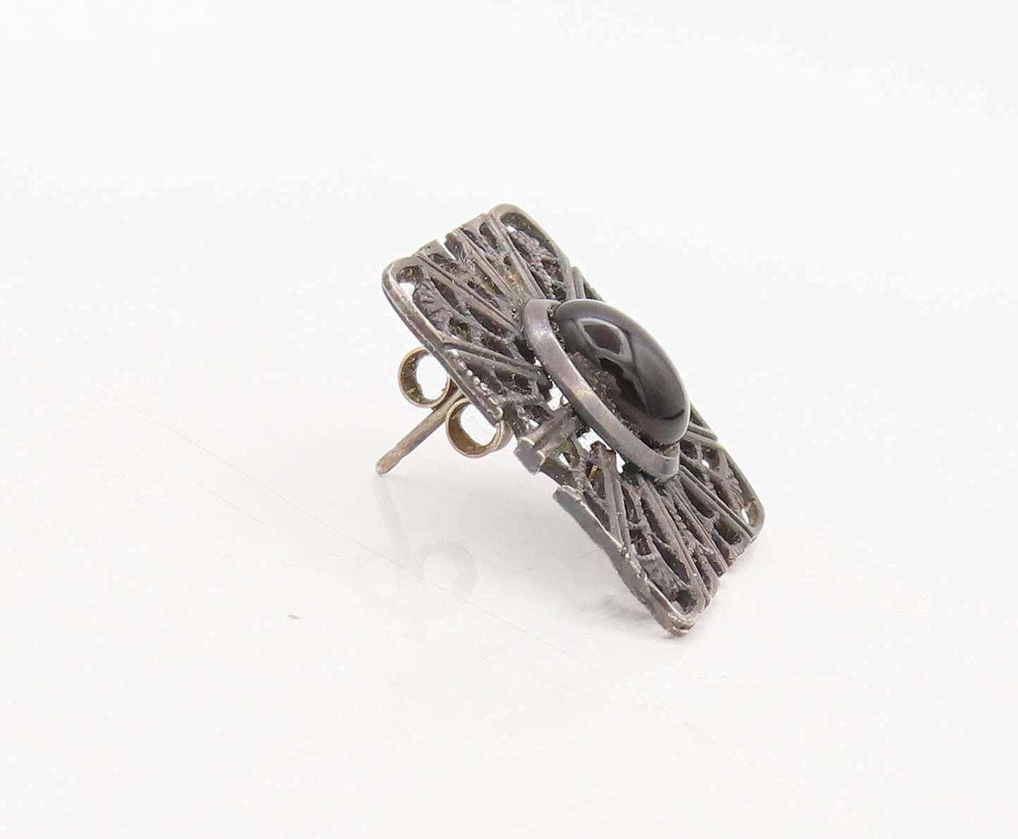 CELLINI 925 Silver  Vintage Antique Filigree Cut Square Onyx Earrings  EG12654
