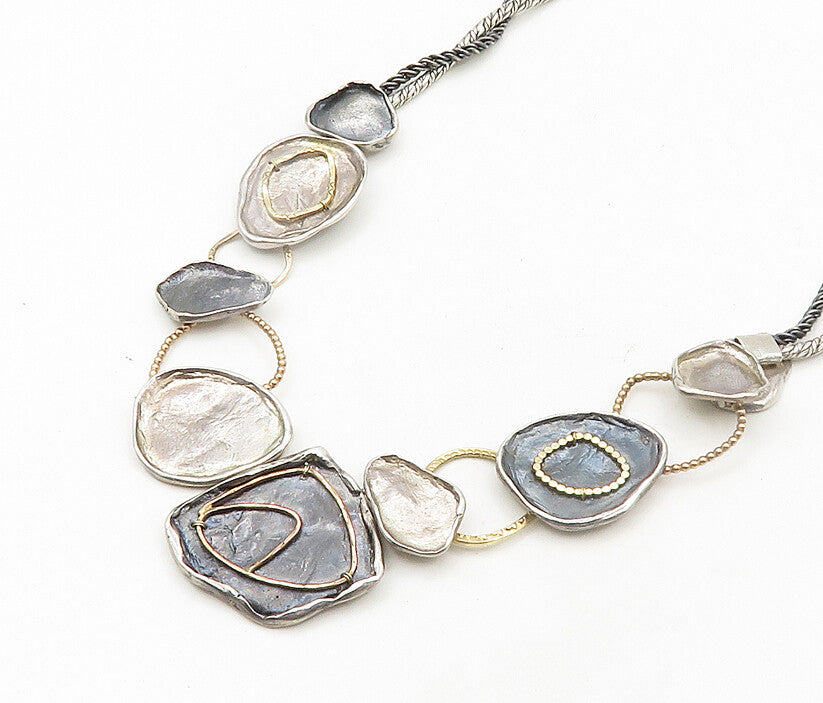 925 Silver & 14K GOLD  Vintage Modernist Two Tone Chain Necklace  NE3206
