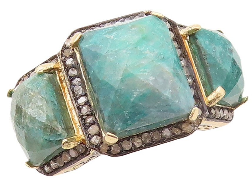 925 Sterling Silver Vintage Ring Diamonds & Rectangle Gemstone  Sz 6.5  RG30919