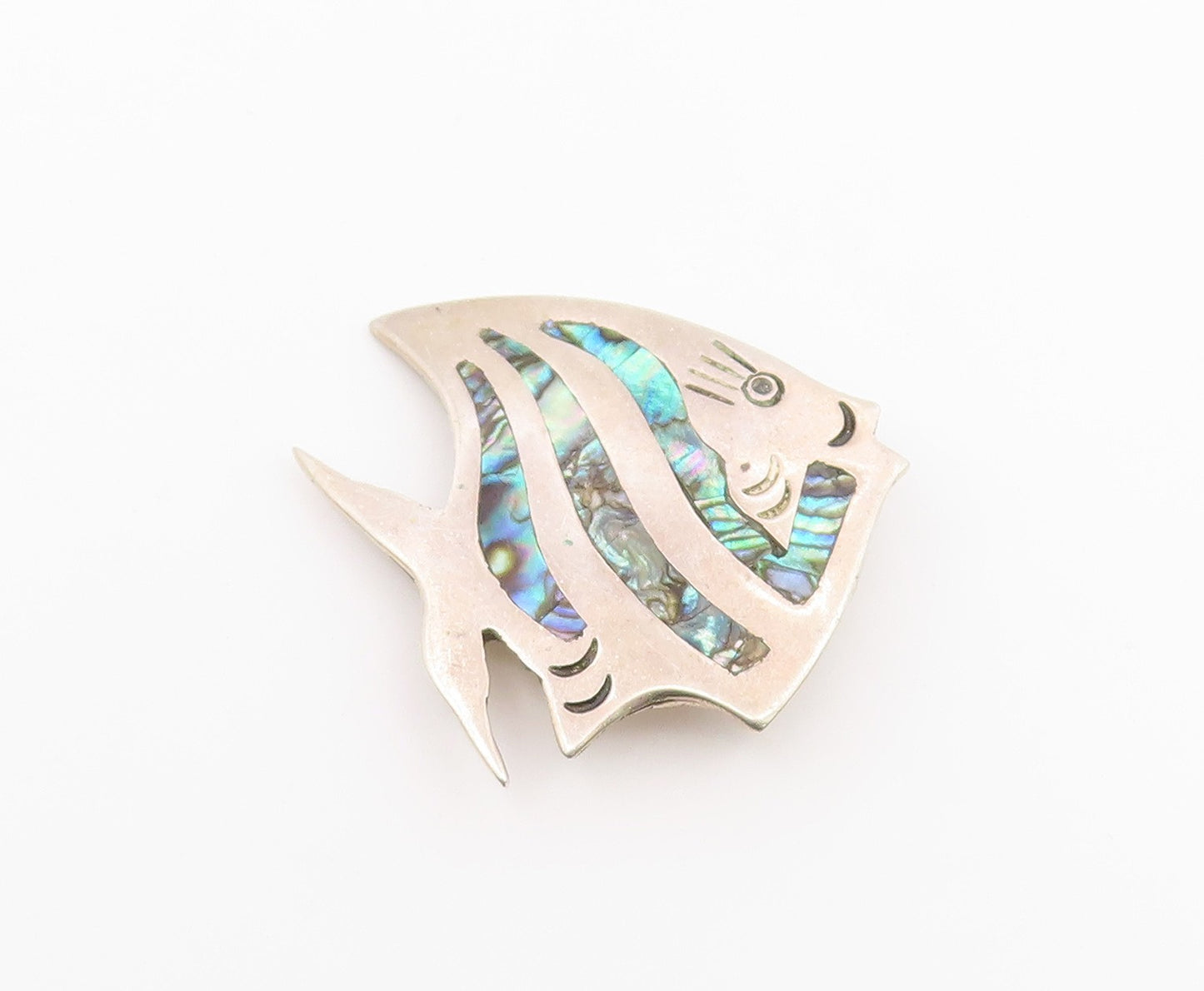 MEXICO 925 Silver  Vintage Abalone Shell Striped Fish Brooch Pin  BP7791