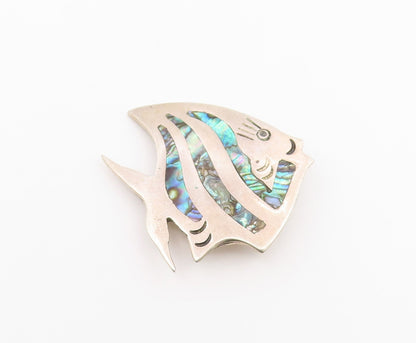 MEXICO 925 Silver  Vintage Abalone Shell Striped Fish Brooch Pin  BP7791