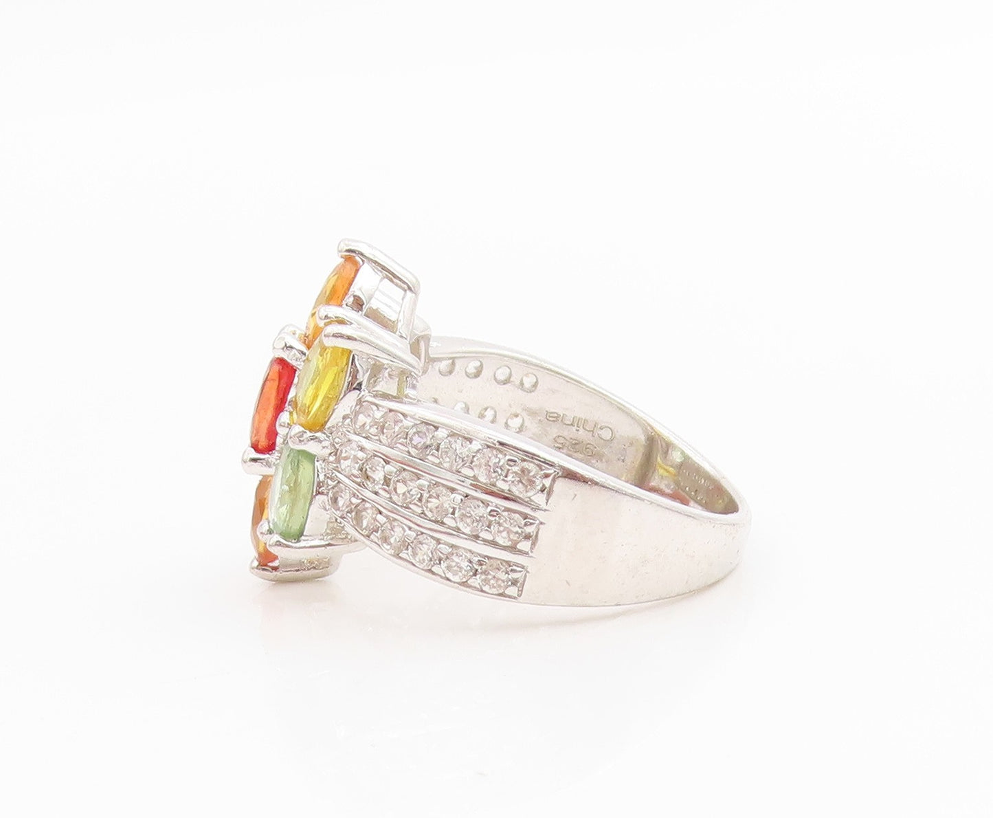 925 Sterling Silver Vintage Ring Multi Gemstone Floral Petal Band  Sz 6  RG33849