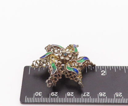 925 Sterling Silver Vintage Brooch Pin Brutalist Enameled Topaz Flower  BP10863