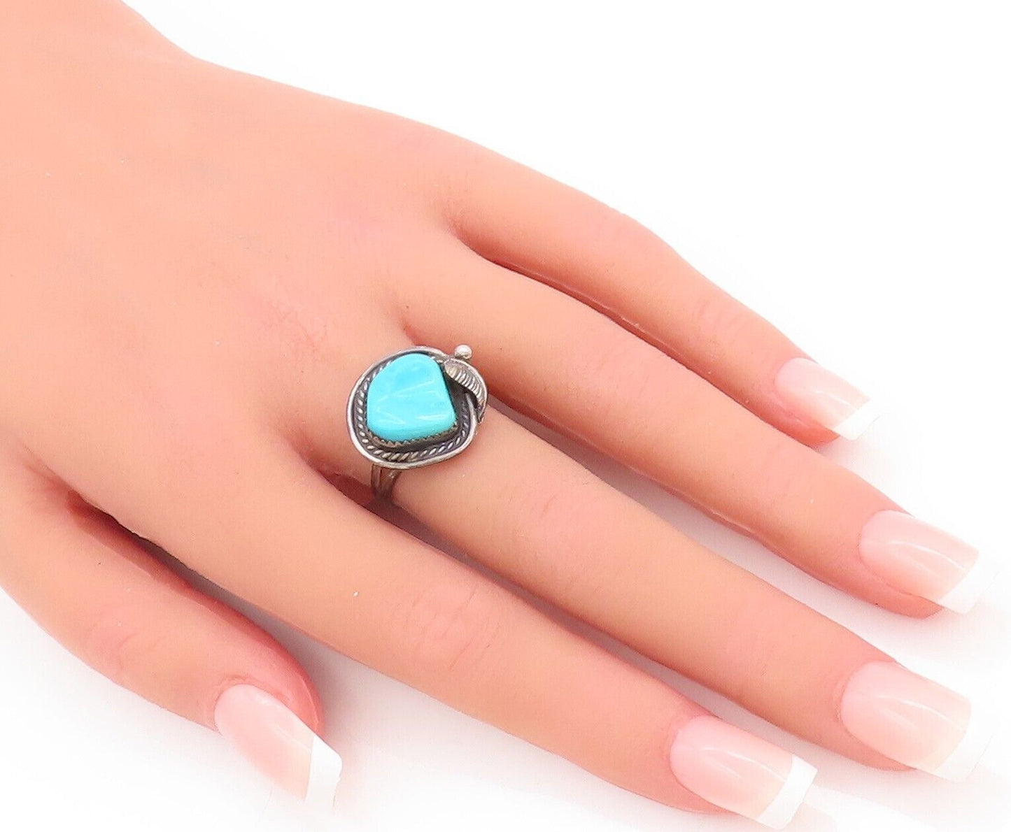925 Sterling Silver Vintage Ring NAVAJO Floral Carved Turquoise  Sz 7  RG28336