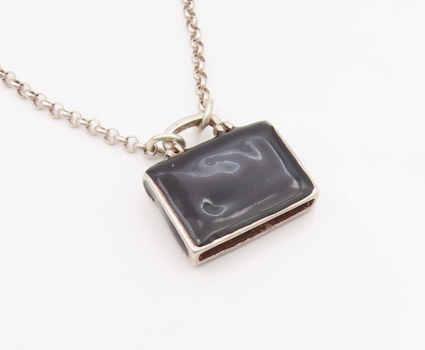 925 Sterling Silver Vintage Necklace Enameled Briefcase Charm Chain  NE4707