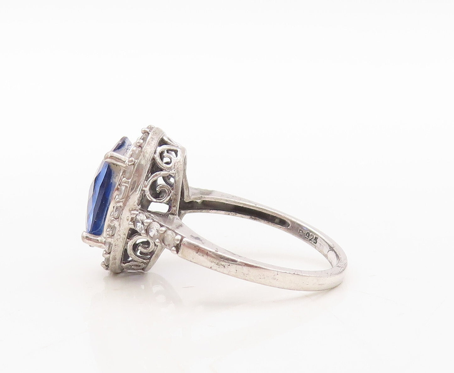925 Sterling Silver Vintage Ring Oval Cut Blue Halo White CZ  Sz 7  RG31033