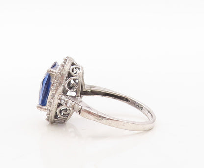 925 Sterling Silver Vintage Ring Oval Cut Blue Halo White CZ  Sz 7  RG31033