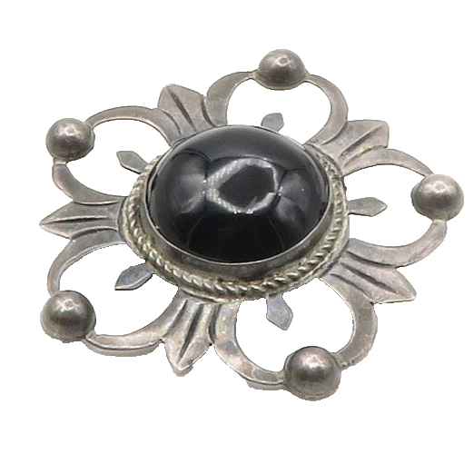 MEXICO 925 Silver  Vintage Antique Black Onyx Flower Motif Brooch Pin  BP6663
