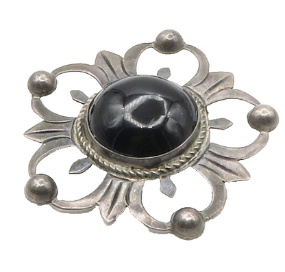 MEXICO 925 Silver  Vintage Antique Black Onyx Flower Motif Brooch Pin  BP6663