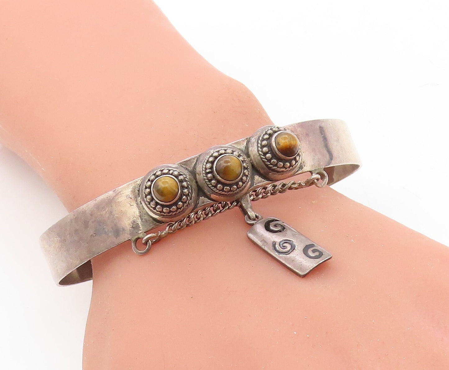 925 Sterling Silver  Vintage Antique Tiger's Eye Dome Cuff Bracelet  BT2972