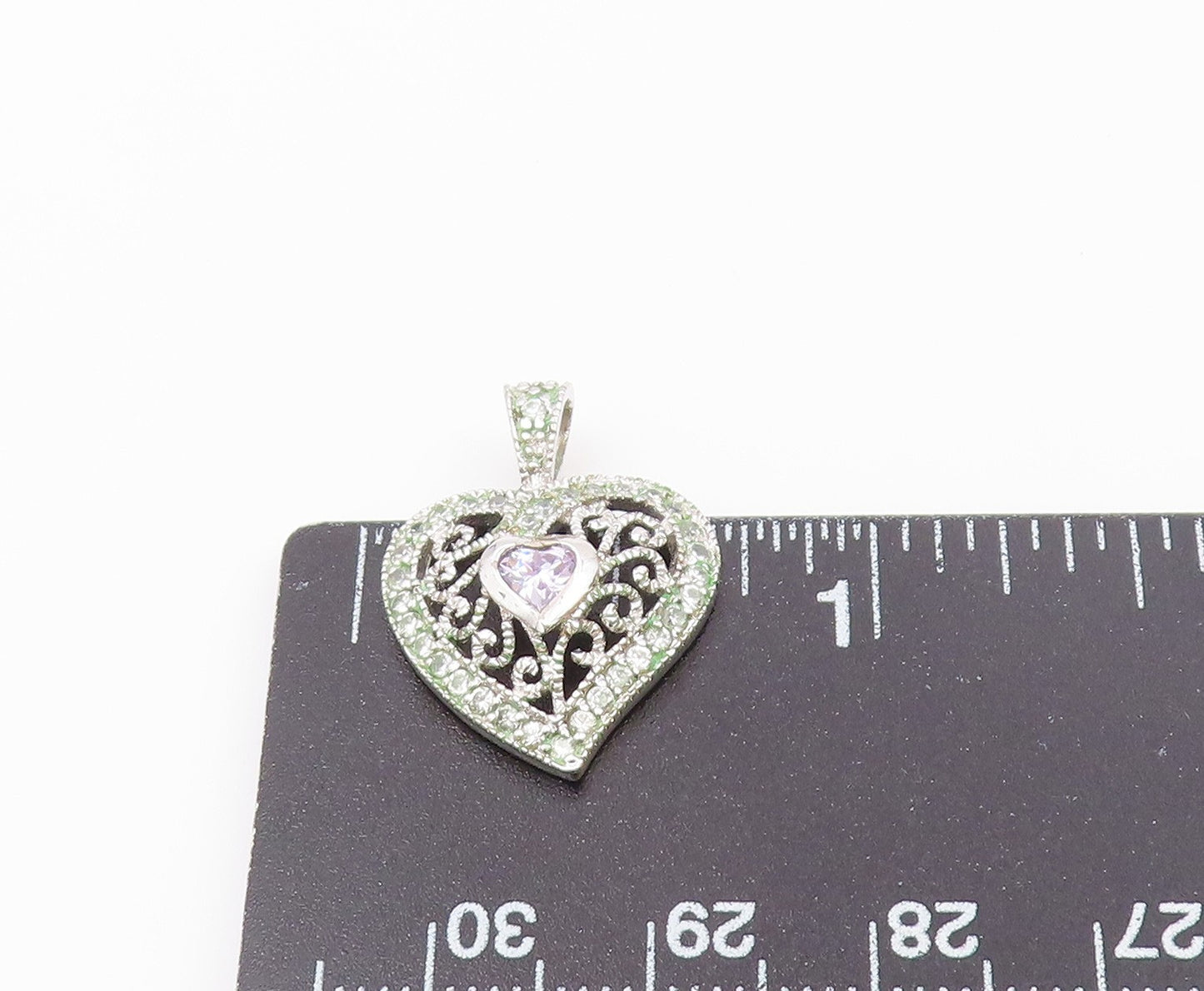 925 Sterling Silver  Vintage Quartz & Topaz Scroll Love Heart Pendant  PT20231