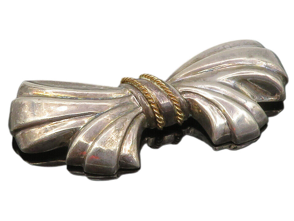 925 Sterling Silver  Vintage 2 Tone Rope Twist Ribbon Bow Brooch Pin  BP4478