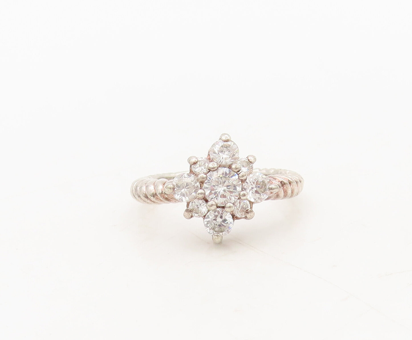 925 Sterling Silver  Vintage Twisted Rope CZ Beaded Floral Ring Sz 4  RG27428