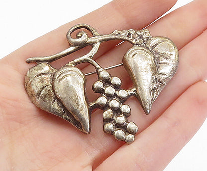 925 Sterling Silver Vintage Antique Dark Tone Grape Vine Brooch Pin BP2688