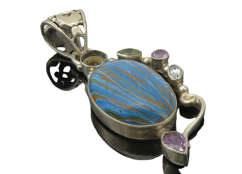 925 Silver  Vintage Striped Jasper Amethyst Topaz & Peridot Pendant  PT11304