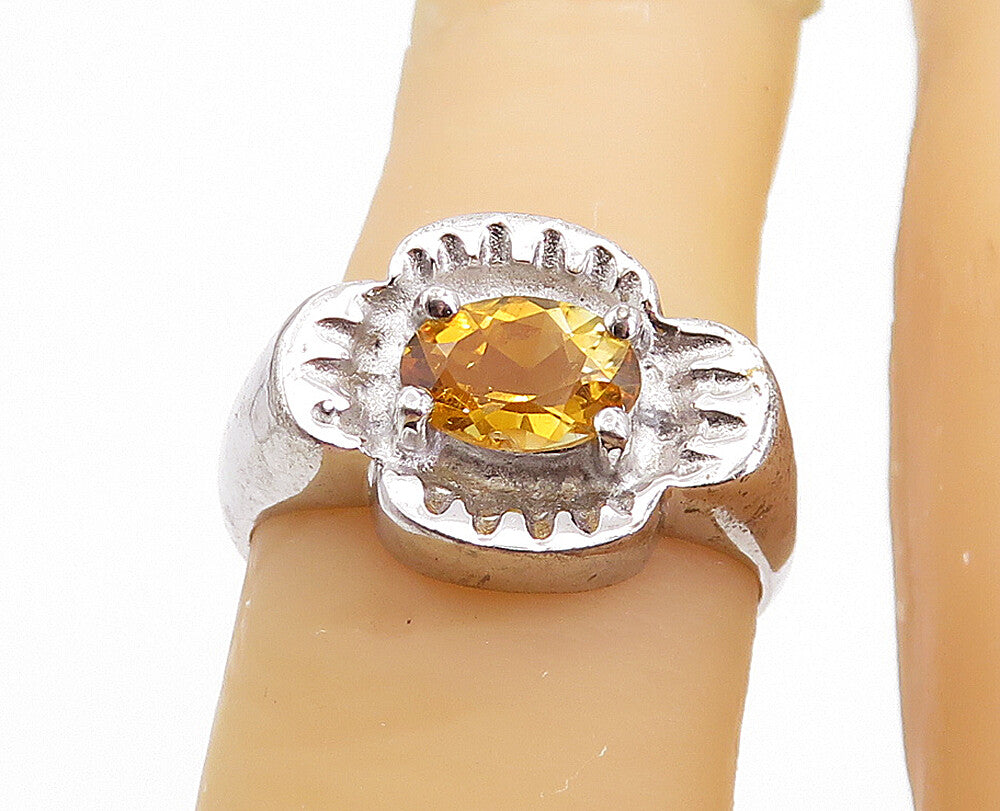 925 Sterling Silver  Citrine Shiny Etched Dome Solitaire Ring Sz 6  RG7648